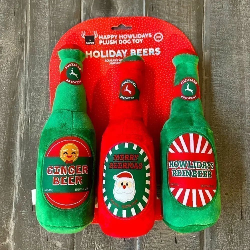 Christmas Dog Toy Beer Bottle Plush Squeaky Toys Set